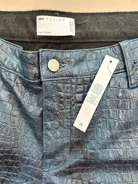 ASOS DESIGN Men’s Faux Leather Trousers Teal Croc Snake Print W40 L30 NWT
